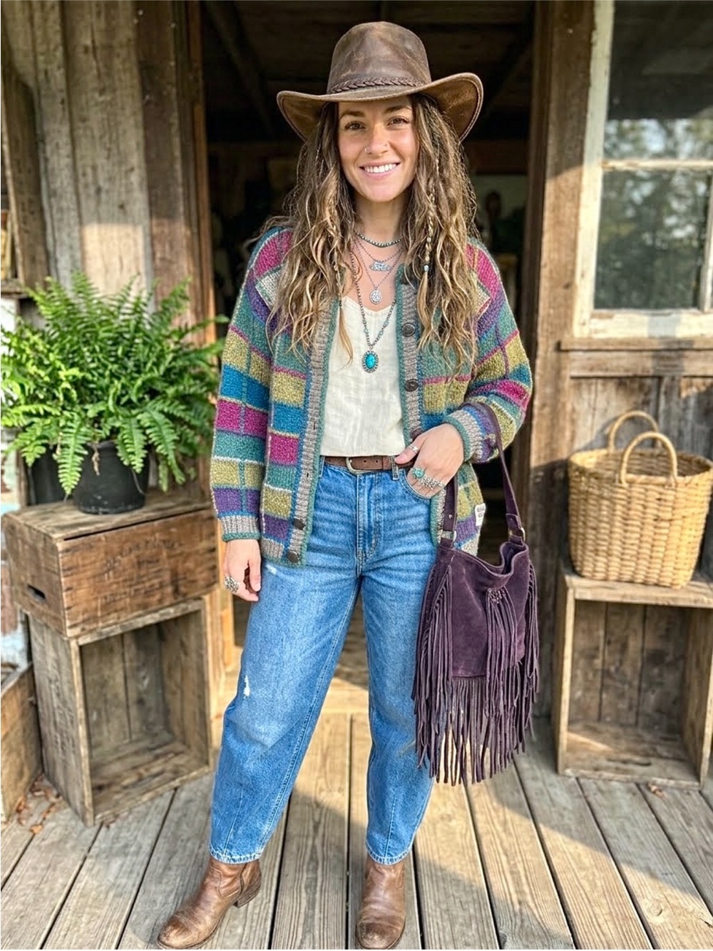 Artisan patchwork vibe boho wool knit sweater w cottagecore country prairie vibe - Picture 4 of 16